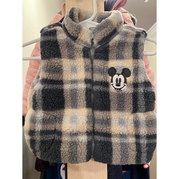 Disney Baby Mickey Mouse Sherpa Fleece Vest 0-3M Plaid Gray - Picture 1 of 5